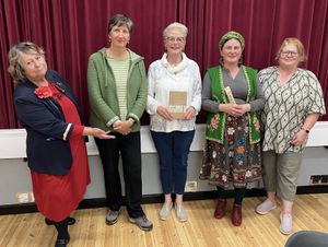 Left to right - Kay Yendole Chair of Arts and Literature, Frances Field 3rd, Winner Sheila Weale, 2nd Jess Proctor and  Amanda Giles, host for the evening