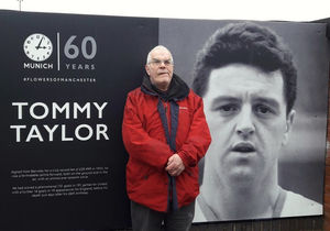 Mike Jones with the memorial picture of Manchester United legend Tommy Taylor at Old Trafford