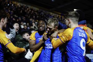 Taylor Perry celebrates his goal during the game between Shrewsbury Town and Notts County