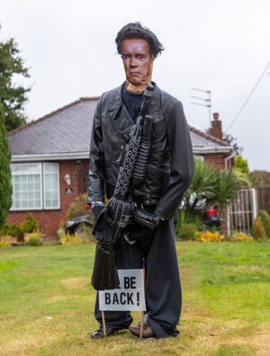 An Arnold Schwarzenegger scarecrow 