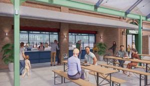 View of bar hatches and south entrance from beneath canopy with external seating area