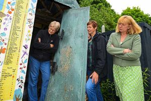 Jude Walker, Linda Cream and Kath Petty with the unit where they used to store equipment to maintain the area but vandals have damanged the door and unit
