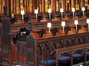 The Queen during Prince Philip’s funeral at St George’s Chapel, Windsor Castle, where her own service of commital is taking place