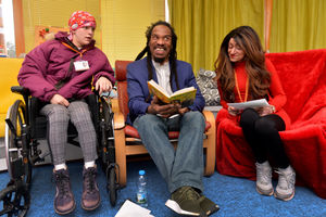 Misha Mills and Assya Shabir with Benjamin Zephaniah