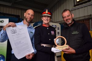 Managing Director Wayne Carter, Lord-Lieutenant of Shropshire Anna Turner and Chairman Richard Hilton during a presentation of a Kings Award at Fabweld, Telford on Wednesday, September 3, 2025