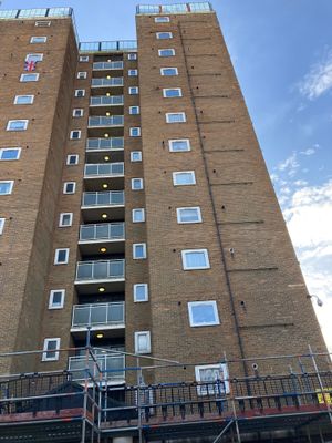 Dean Court in Brierley Hill where loose glass panels on the roof have been strapped up to stop them falling on residents. Picture Martyn Smith/LDRS free for LDRS use