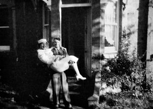 Crossing the threshold at The Grove with bride Mima on their return from honeymoon in 1956.