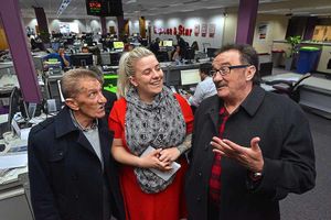 Kirsty being friendly to the Chuckle Brothers