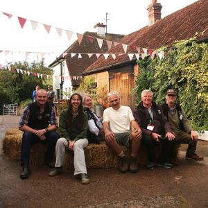 The team from Fordhall Farm including Charlotte Hollins (second left) travelled to Devon to meet Andy Bragg (centre), the owner of West Town Farm