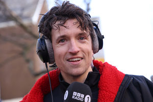 Greg James during an interview at the finish line during the Radio 1 Longest Ride challenge for Comic Relief on March 14, 2026 in Abergavenny, Monmouthshire, Wales. 