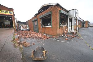 The damage to Club 200 Fishing tackle shop next to Lye Tyres.