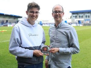 Ben Wiser, left, with former Telford operations manager Luke Shelley when he was awarded Vanarama National League volunteer of the month