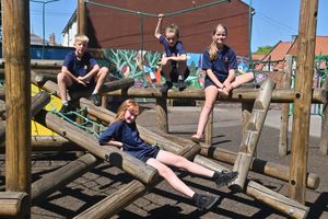 On the climber are boys: Elliot Lewis 11, Sebastian Noel-Hiles 11, and girls: Esme Edwards 10 and Elsie Cooper 10.