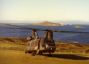 A Boeing Chinook ZA718 Bravo November in the Falklands, 1982. Photo: RAF Museum Collection