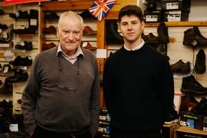 Clive Sowerby, owner of Sowerby's Shoes in Stourbridge, with assistant Ben Thompson, a computer science student, who has been developing the business's website