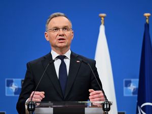 Poland’s president Andrej Duda speaks during a media conference at Nato headquarters in Brussels