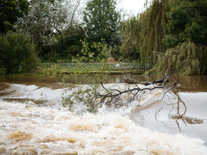 Supporting image for story: Watch: Water surges over Shrewsbury Weir as River Severn level rises after heavy rain