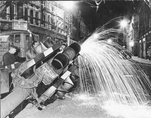 The dismantling of Wolverhampton's historic first traffic lights in 1968.