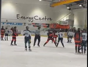 Telford Tigers' Kyle Ferguson and Jake Bricknell of Bristol Pitbulls square up for a punch-up in Sunday night's clash. Both players were given a five-minute penalty for fighting. Pic: Jack Badger