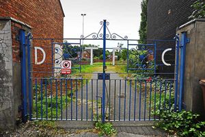 The locked gates at Darlaston Town FC, Waverley Road, Darlaston