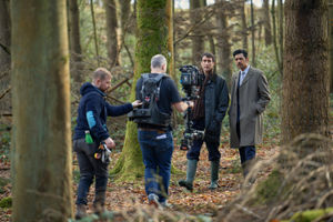 Matthew Lewis and Amit Shah during the filming of Murder Before Evensong at Comer Woods. Picture: Channel 5 Paramount Productions