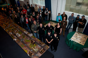 World War Two European Dust Game Championships in 2015 at Enginuity. The Dust Knights organising team at the front surround by players mainly from Telford but also across the UK and other countries including, Holland, Germany, Poland and America