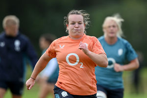 Lark Atkins-Davies takes part in a training session ahead of England's pivotal clash against Australia on Saturday