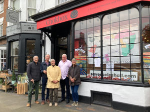 Save Eccleshall Campaigners Ted Bowers, Chris Wilkins, Susie Clowes, Martin Peet And Mandy Adamson With The Window Display In The High Street. Photo by Staffordshire LDR Kerry Ashdown. Free for use by all LDRS partners