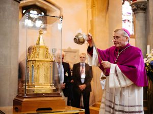 Supporting image for story: Bishop likens saint's pilgrimage to Queen's final journey as relics arrive in Shropshire