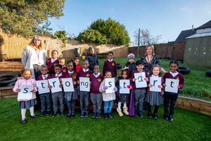 Celebrating the Ofsted success are early years pupils with Early Years lead Sue Murphy (left) and principal Jenny Byrne (right). Photo: Wolverhampton Council