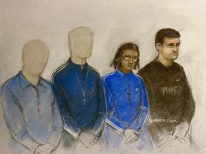 A court artist drawing of Riley Tolliver (right), 18, Kodishai Westcott (second right), 17, and teenagers aged 15 and 16 during their sentencing hearing at Bristol Crown Court