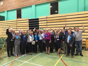 Amanda Milling celebrates with fellow Conservatives