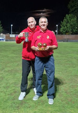 Proud Battlefield captain Steve Wilkes with the Scadding Cup and Mal Parry with his player of the final award