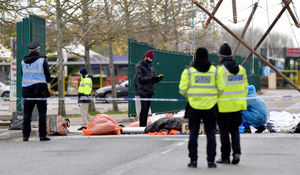 Extinction Rebellion protestors blocking the road at Amazon, Rugeley