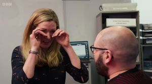 Ruth wiping away tears during the meeting at the One Show.