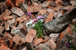 A tribute left in the rubble at the site where The Crooked House pub once stood