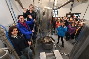 Hobsons Brewery in Cleobury Mortimer and to celebrate International Women's Day the women have taken over the brewery to make there own special brew: Six Sirens.   Ladies of the brewhouse, on the ladder is: Olena Konieva, Kate Pearce and Bonnie Simmonds, and at the front is the group from Cancer charity: Lingen Davies  is Anna Williams. Hobsons will be supporting the charity.