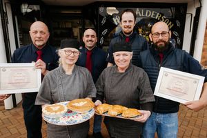 Alderson Butcher's in Bridgnorth have won an award for their Toffee Pie's and Morvillle Pastry. In Picture L>R: Back - Kevin Tutron, Stavros Avraam, Charlie Spencer and Peter Hilton. Front L>R: Dalia Krasauskiene and Wend Richards.