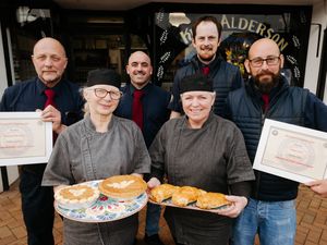 Alderson Butcher's in Bridgnorth have won an award for their Toffee Pie's and Morvillle Pastry. In Picture L>R: Back - Kevin Tutron, Stavros Avraam, Charlie Spencer and Peter Hilton. Front L>R: Dalia Krasauskiene and Wend Richards.