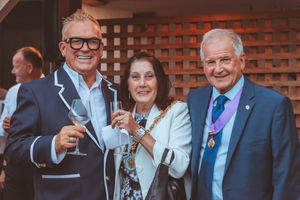 Baron Wayne Davenport toasts the success of the Red Lion with Mayor of Stafford Councillor Jenny Barron & Consort Alderman Ray Barron 
