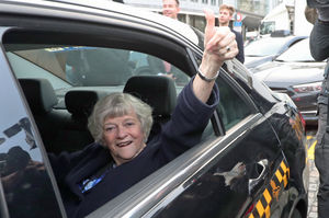 Ann Widdecombe reacts as she leaves in a taxi from the European Parliament in Brussels, Belgium, ahead of the UK leaving the European Union
