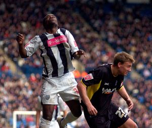 Sam Sodje, who was on-loan at Albion and Nicklas Bendtner, then playing for Birmingham City, during a match at The Hawthorns on March 18, 2007