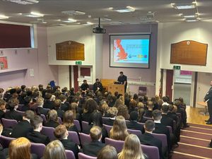Wolgarston Year 9 students in the school's lecture theatre listening to guest speakers from INCO Contracts