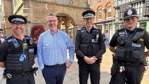 From left: Sergeant Gary Lansdale (Shrewsbury Town Centre Team), Police and Crime Commissioner John Campion, Chief Constable Richard Cooper, and PC Ben Summerfield (Shrewsbury Town Centre Team). Picture: OPCC