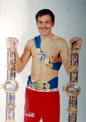 A young Pat Cowdell with his Lonsdale belts