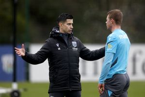 Eric Ramsay chatting with striker Aune Heggebo in training (Photo by Adam Fradgley/West Bromwich Albion FC via Getty Images)