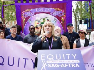 Lynda Rooke speaking into a microphone surrounded by Equity posters and banners