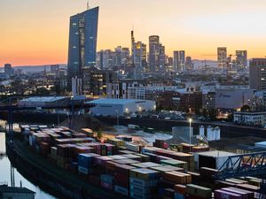 Containers piled up in a cargo terminal in Frankfurt, Germany