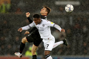 Conor Townsend  of West Bromwich Albion and Ethan Laird of Swansea City. (Photo by Adam Fradgley/WBA FC via Getty Images).