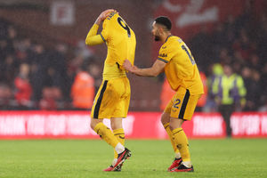 SHEFFIELD, ENGLAND - NOVEMBER 04: Fabio Silva of Wolverhampton Wanderers is consoled by teammatMatheus Cunha following the team's defeat during the Premier League match between Sheffield United and Wolverhampton Wanderers at Bramall Lane on November 04, 2023 in Sheffield, England. (Photo by Jack Thomas - WWFC/Wolves via Getty Images).
